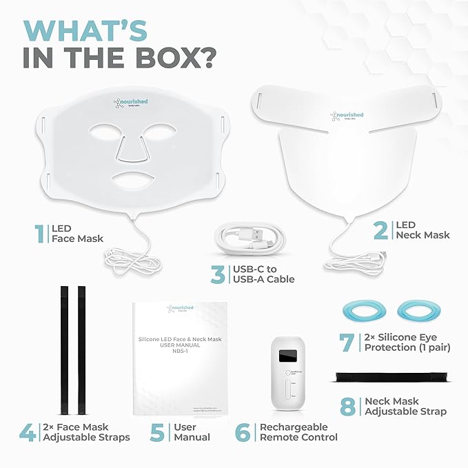 LED Light Therapy Face & Neck Mask - Facial Skin Care Device - 7 Colors Red & Blue - Rejuvenation, Anti-aging Product for Wrinkles