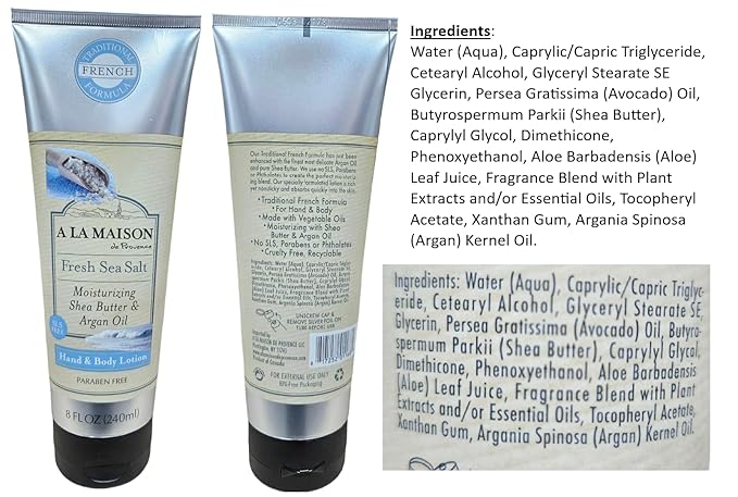 A LA MAISON Moisturizing Lotion, Fresh Sea Salt - Uses: Hand and Body, Argan Oil, Pure Shea Butter, Essential Oils, Plant Based, Cruelty-Free, SLS and Paraben Free (8 Oz, 2 Pack)