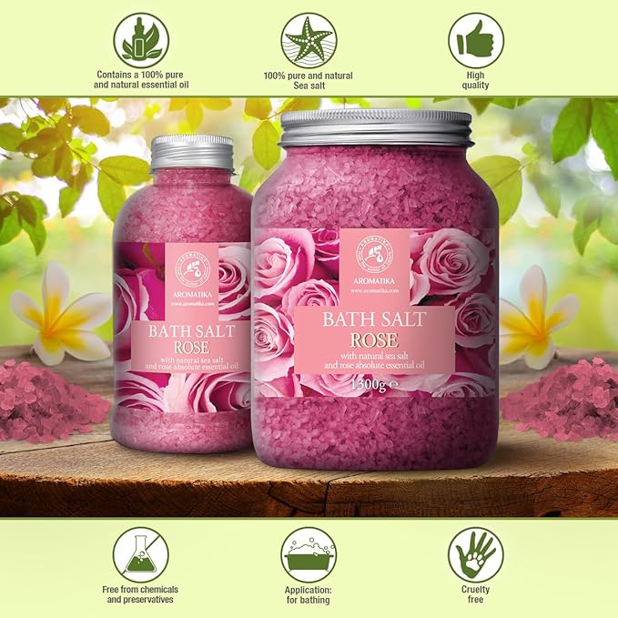Rose Bath Salts 46 Oz - Natural Rosewood Oil & Rose Extract - Best for Relaxing - Good Sleep - Beauty - Bathing - Body Care - Wellness - Relax - Aromatherapy - Spa