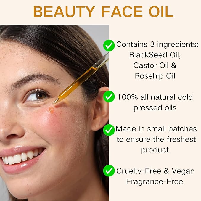 2pcs Black Seed Oil, Rosehip Oil, Castor Oil Organic Cold Pressed for Face - Hydrating Facial Oil,Essential Oils for Women - Anti Aging Serum for Face - Reduces Wrinkles & Fine Lines