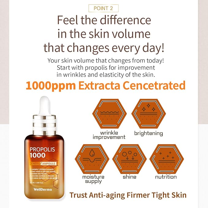 WellDerma Propolis Facial Ampoule for Dry Skin & Sensitive Skin Hydrating for Face Skin Care Korean Essence for Face Beauty Ampoule 1.69oz 50ml