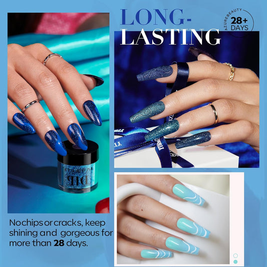 AZUREBEAUTY 30Pcs Dip Powder Nail Kit Starter with Nail Sticks, Glitter Baby Dark Blue 8 Colors Dipping Powder Liquid Set Added Matte Top Coat for Fall Winter Nail Art Manicure Salon DIY Home Gift