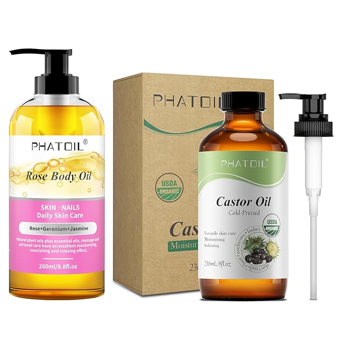 Rose Body Oil 8.8fl.oz and 8fl.oz Organic Cold Pressed Castor Oil