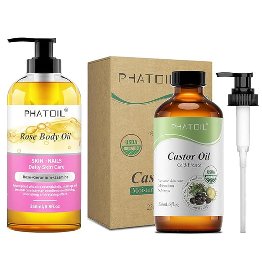 Rose Body Oil 8.8fl.oz and 8fl.oz Organic Cold Pressed Castor Oil