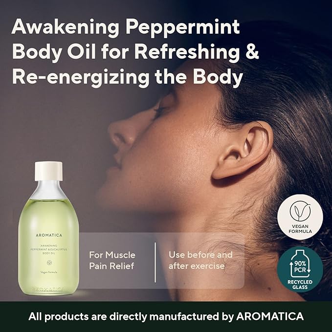 AROMATICA Awakening Body Oil Peppermint & Eucalyptus Aromatherapy Oils, Scented Body Oil, After Shower Natural Oil for Women, Non-Greasy Body Serum, Body Moisturizer for Dry Skin 3.38 fl. oz