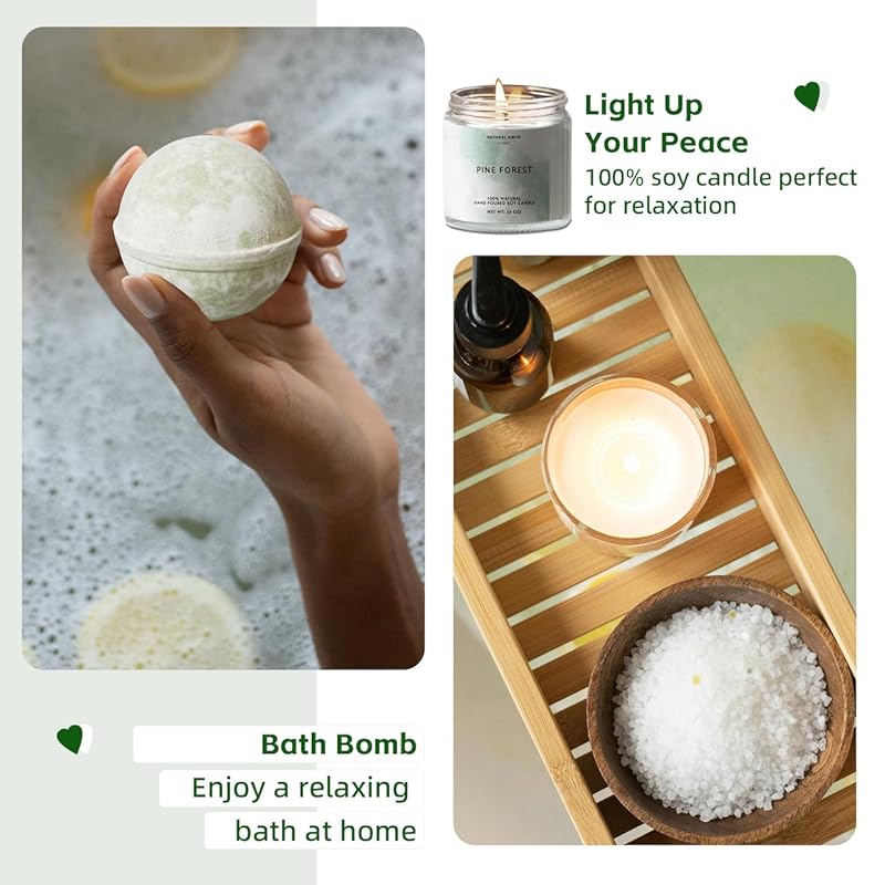 Natural Amor Cozy Spa Gifts for Women and Men,7pcs Self Care Box Including Soap Bar, Candle, Bath Bomb, Bath Salt, Thank You Gift