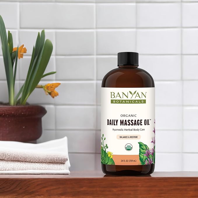 Banyan Botanicals Daily Massage Oil – Organic Ayurvedic Massage Oil – Balancing and Grounding Massage Oil with Organic Ashwagandha and Organic Shatavari – 24 oz – Non GMO Sustainably Sourced