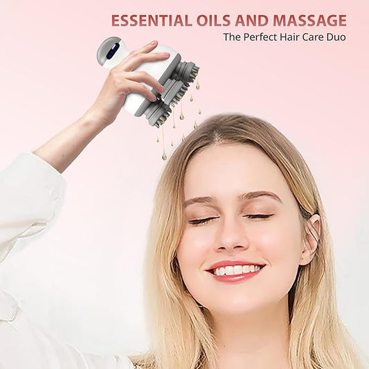 Electric Scalp Massager | 4-Mode Oil-Infused Head Massager with Oil Compartment | Promotes Hair Growth & Scalp Health | Removable Food Grade Silicone Heads