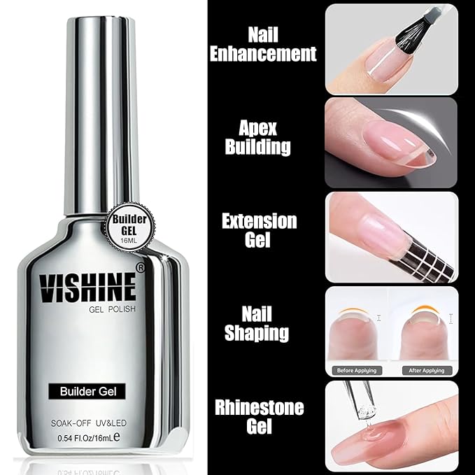 Vishine 3PCS 16ml Top Coat, Builder Gel and Base Coat Set, No Wipe Gel Top Coat Base Gel Builder Extension Gel for Nails Art Long Lasting Nail Protection Soak Off LED Gel