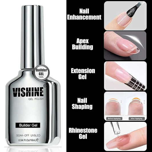 Vishine 3PCS 16ml Top Coat, Builder Gel and Base Coat Set, No Wipe Gel Top Coat Base Gel Builder Extension Gel for Nails Art Long Lasting Nail Protection Soak Off LED Gel
