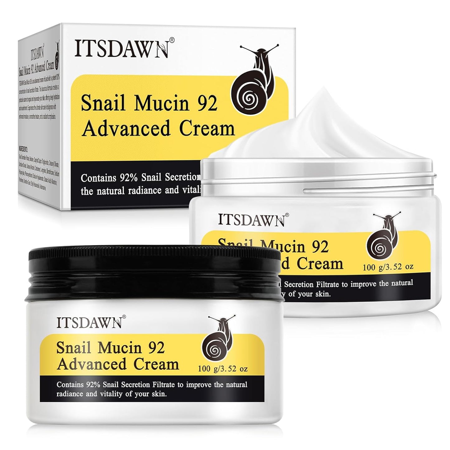 2 Pack Snail Mucin 92% Face Cream 100g, Moisturizer Hydrating Cream for Dry & Sensitive Skin, All Skin Types