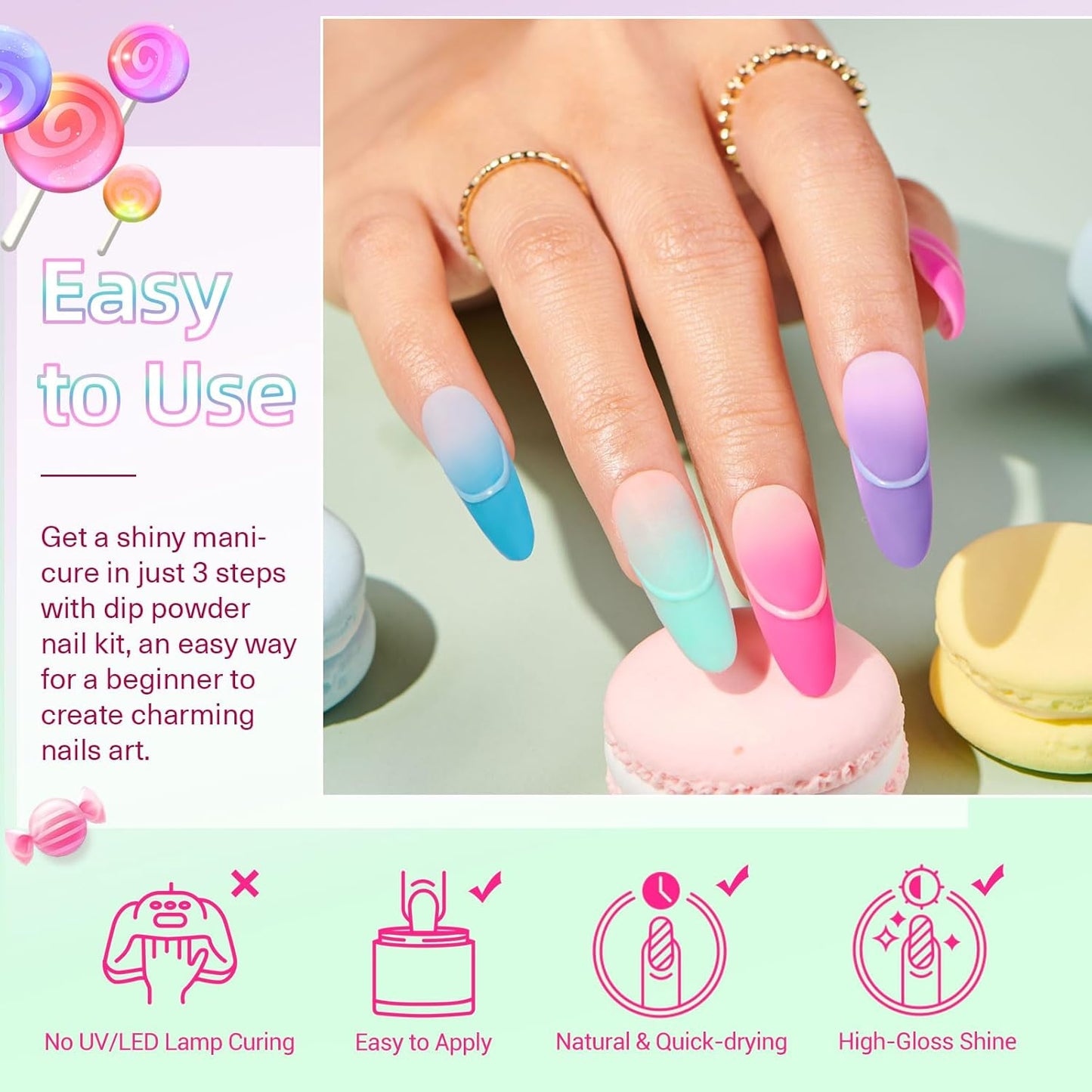 AZUREBEAUTY Dip Powder Nail Kit Starter, Spring Summer Bright Pastel Green Hot Pink Purple 4 Colors Dipping Powder Liquid Set with Base/Top Coat Activator for French Nail Art Manicure DIY Easter Gift