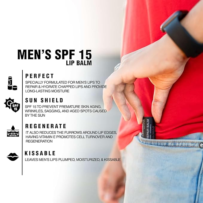 Lip Repair Balm - Men’s Lip Balm with SPF 15 - With Aloe Vera & Vitamin E - Repair & Hydrate Dry, Cracked, Chapped Lips - Long-Lasting Moisture - Clear Balm - Lip Care - Vegan - 3 Pack