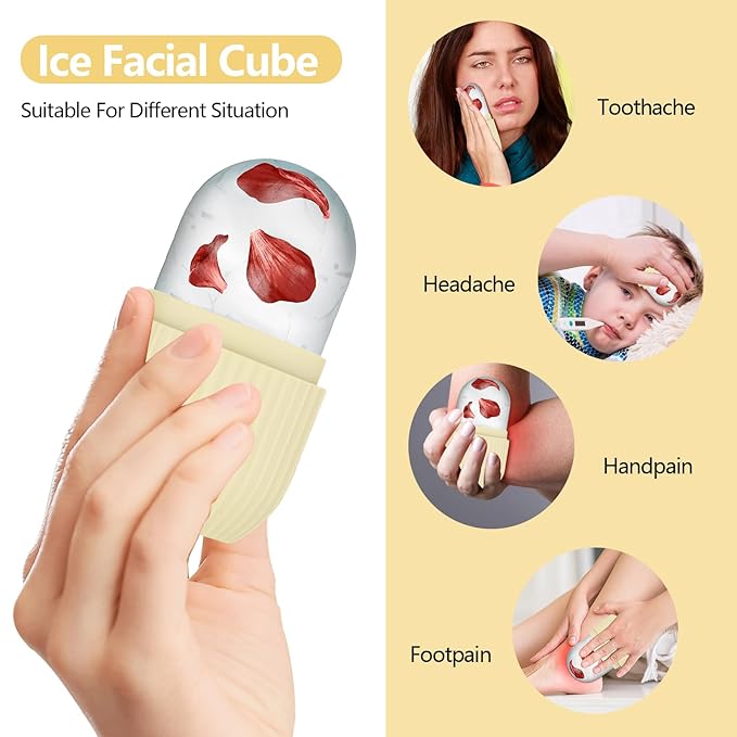 Ice Roller for Face and Eye, Silicone Ice Facial Roller Ice Holder, Face Ice Mold Skin Care, Face Icers Reusable Ice Cube Roller for Shrink Pores Anti Wrinkle Reduce Puffiness, Yellow