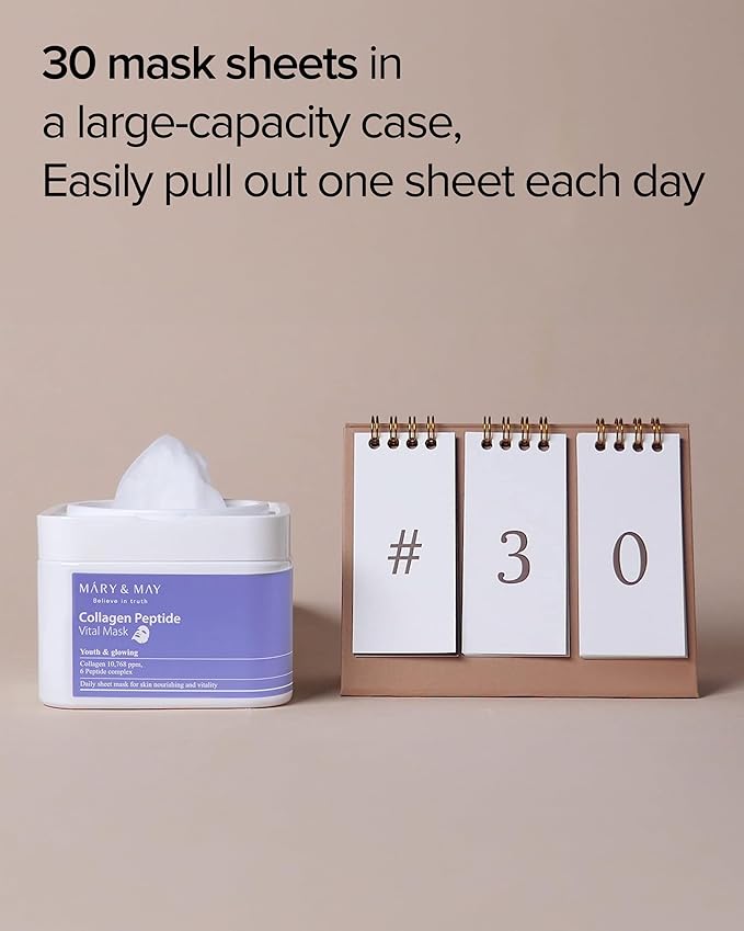 Mary&May Collagen Peptide Vital Mask - Daily Pull-Out Sheet Mask for Wrinkle Improvement, Firming, and Elasticity with Low Molecular Collagen - Korean Skincare, Hypoallergenic Formula, 30 Sheets