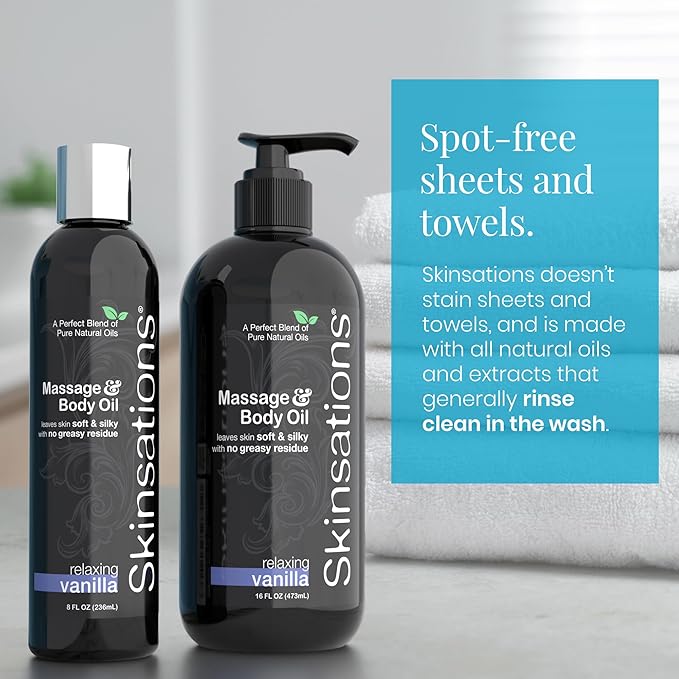 Skinsations - Vanilla Massage Oil for Massage Therapy - 16oz | Silky-Soft Blend of Sweet Almond, Fractionated Coconut, Grapeseed and Jojoba Oil | Scented Body Oil, Sore Muscles, Aromatherapy