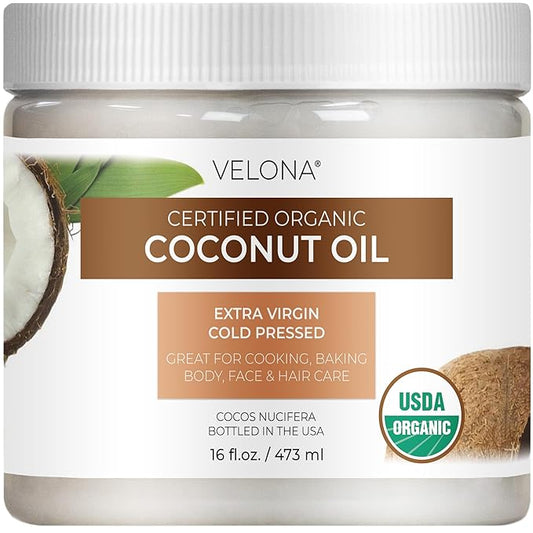 Velona USDA Certified Organic Coconut Oil Extra Virgin - 16 fl oz | Food and Cosmetic Grade | in jar | Extra Virgin, Cold Pressed