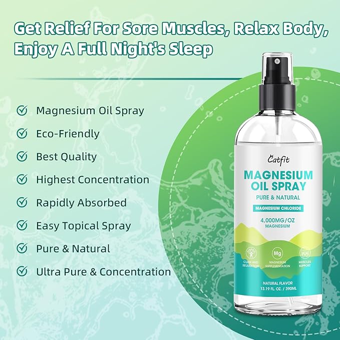 Magnesium Oil Spray - Pure & Natural Magnesium chloride Oil High Potency Trace Minerals - Topical Magnesium Spray for Feet and Sleep, Soothing Muscles, Mood Support - High Absorption - 390ml(13.19 Oz)