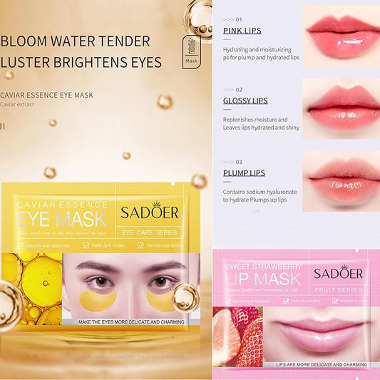 MEICOLY 30 Pads Lip and Eye Mask Sheet,Moisturizing Gold Caviar Under Eye Mask Strawberry Lip Mask,Crystal Anti-Aging Eye Patches Dark Circle Remover with Box,Eye and Lip Mask Set