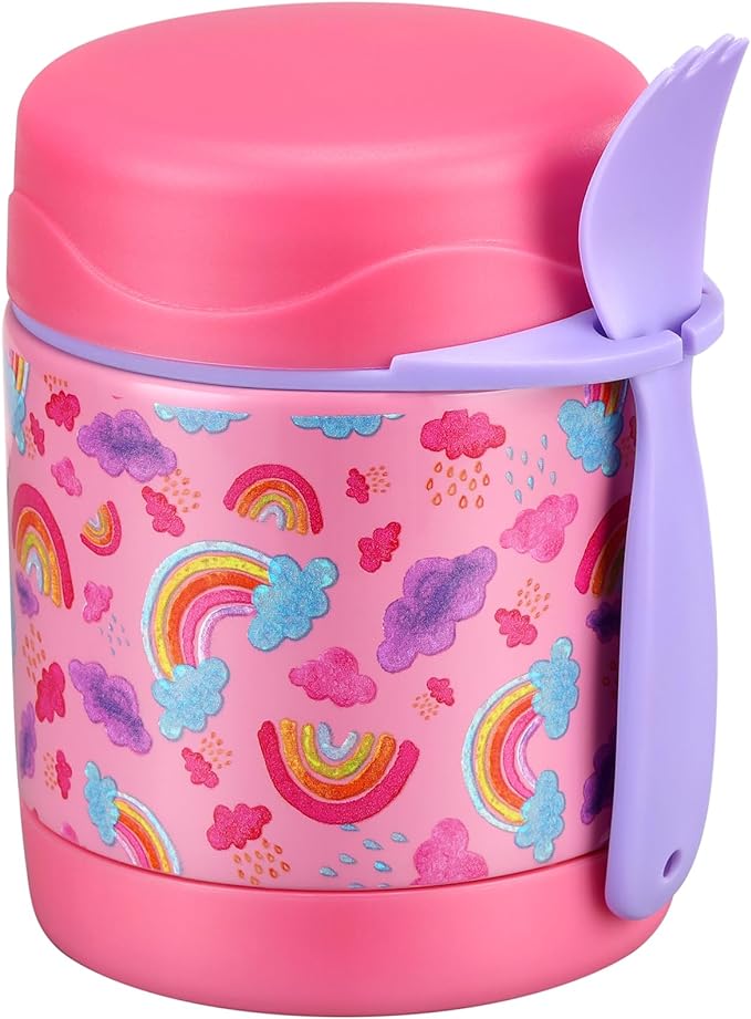 10oz Soup Thermo for Hot Food Kids Insulated Food Jar,Thermo Hot Food Lunch Container, Width Mouth Stainless Steel Lunch Box for Kids with Spoon (Pink-rainbow)