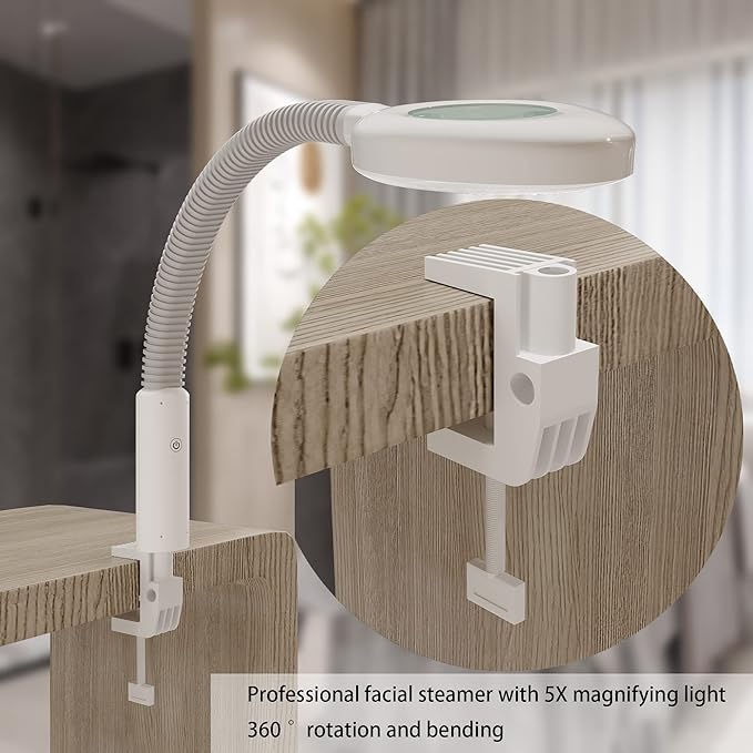 Facial Steamer with Magnifying Lamp, Face Steamer for Esthetician, 2 in 1 Facial Steamer Professional, Face Steamer for Facial Deep Cleaning（White）.