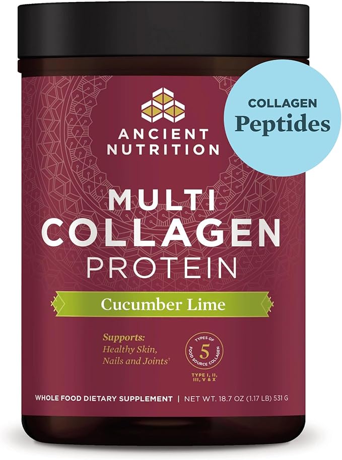 Ancient Nutrition Collagen Powder Protein, Multi Collagen Protein, Cucumber Lime, Hydrolyzed Collagen Peptides Supports Skin and Nails, Joint Supplement, 18.6oz