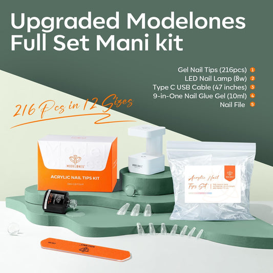 modelones Medium Coffin Gel Nail Tips Kit, 9-in-One Nail Glue with Portable U V Lamp 216Pcs 12Sizes Pre-Etched Press ons Fake Acrylic Extension Kit DIY Salon Gift for Women