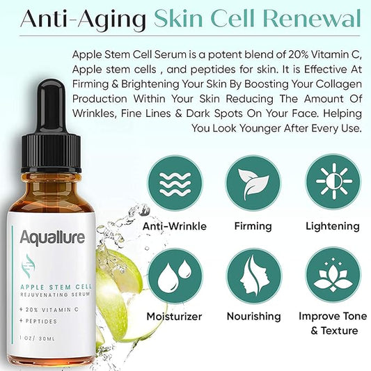 Antioxidant Rescue Cream and NEW! Aquallure Apple Stem Cell Rejuvenating Serum - Anti Aging 2 Step BUNDLE - Moisturizing Peptides, Hyaluronic Acid, Vitamin C 20% - (1 oz each) (2 items)