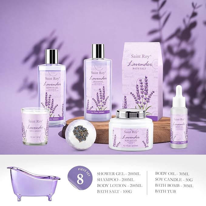 Spa Gift Baskets for Women - Lavender Gifts for Women, Bath Set with Shower Gel, Shampoo, Home Spa Kit Gifts for Her, Christmas, Mothers Day