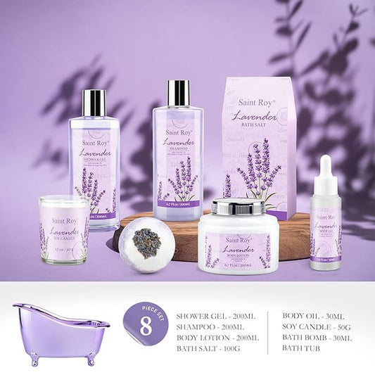 Spa Gift Baskets for Women - Lavender Gifts for Women, Bath Set with Shower Gel, Shampoo, Home Spa Kit Gifts for Her, Christmas, Mothers Day