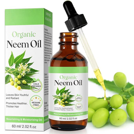 Neem Oil for Skin – 100% Natural Cold Pressed Neem Oil - for Face, Skin Care, Hair Care, Scalp Massage & Body Massage，Hair Growth, Acne, Anti-Aging Moisturizer (2.02 Fl Oz)