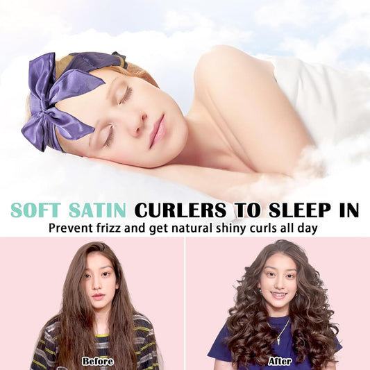 Satin Heatless Curls Overnight Hair Curlers to Sleep In Hair Curler Rollers No Heat Hair Wrap for Curls Headband, 70" Satin Heatless Curling Rod Set for Women Long Waves Hair Volume-Purple 9PCS