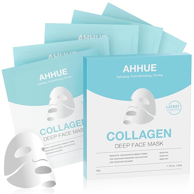 Collagen Face Mask,Deep Collagen Overnight Mask,A sheet mask with low molecular weight collagen for lifting,Stretching, Firming and Moisturizing,34g*5ea