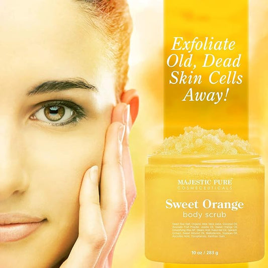 Majestic Pure Sweet Orange Body Scrub for All Natural Skin Care - Exfoliating Multi Purpose Body and Facial Scrub Moisturizes and Nourishes Face and Skin - 10 oz - Great Gift for Her