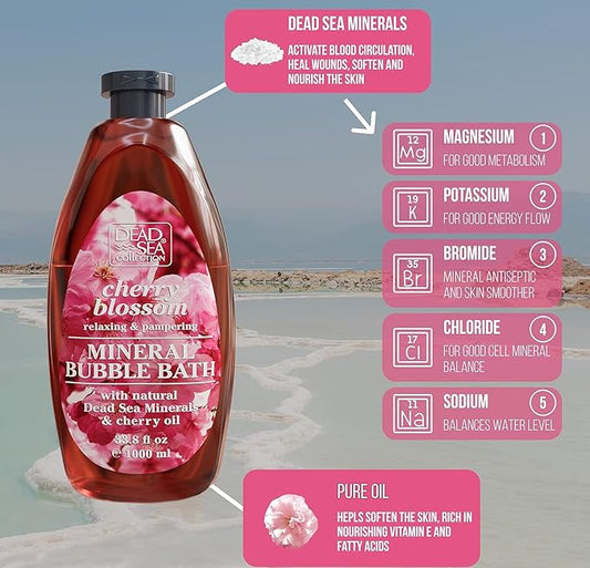 Dead Sea Collection Bubble Bath with Cherry Blossom for Women and Men – Cherry Seeds Oil and Dead Sea Salt - Nourishing and Moisturizing Skin - Pack of 2 (67.6 fl.oz)