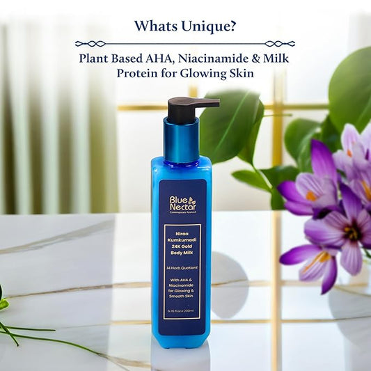 Blue Nectar 24K Carat Gold Body Milk for Women & Men | Body Lotion with Plant Based AHA & Niacinamide | Moisturizer for Body | All Skin Types (14 Herbs, 6.76 Fl Oz)