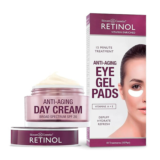Retinol Anti-Aging Day Cream Broad Spectrum SPF 20 Moisturizes & Reduces Look of Fine Lines Anti-Aging Eye Gel Pads – Soothing Vitamin A Reduces Puffiness & Refreshes the Under Eye Area.