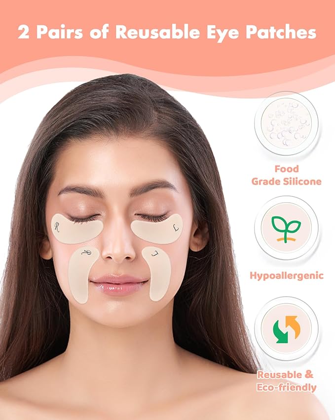 2 Pairs Reusable Under Eye Wrinkle Patches Silicone Mask, Plump Fine Lines & Wrinkles, with Metal Eye Cream Applicator, Tin Case, Cream Color
