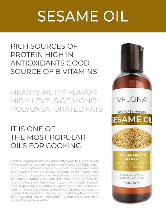 velona Sesame Seed Oil 4 fl oz | 100% Pure and Natural Carrier Oil | Refined, Expeller Pressed | Cooking, Skin, Hair, Body & Face Moisturizing | Use Today - Enjoy Results
