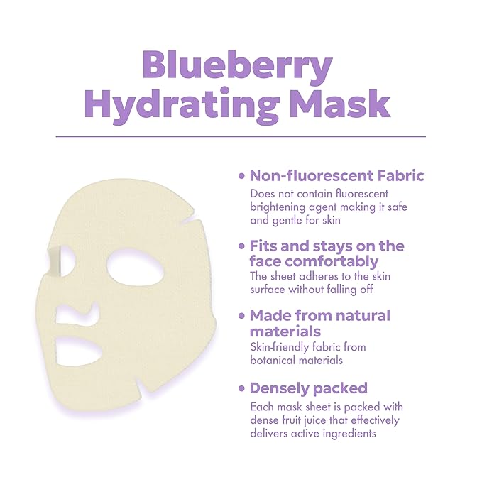 FRUDIA Blueberry Hydrating Mask Sheets (10 Pack), Korean Face Masks with 55% Blueberry Extract, Vegan Panthenol & WS BS Care EX for Deep Moisturizing & Soothing Skin
