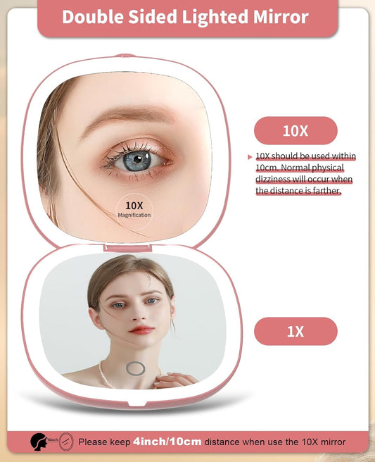 WOBSION Rechargeable Lighted Travel Makeup Mirror,1x/10x Compact Magnifying Mirror with Lights,Portable for Bag,4inch,Gift,Rose Gold