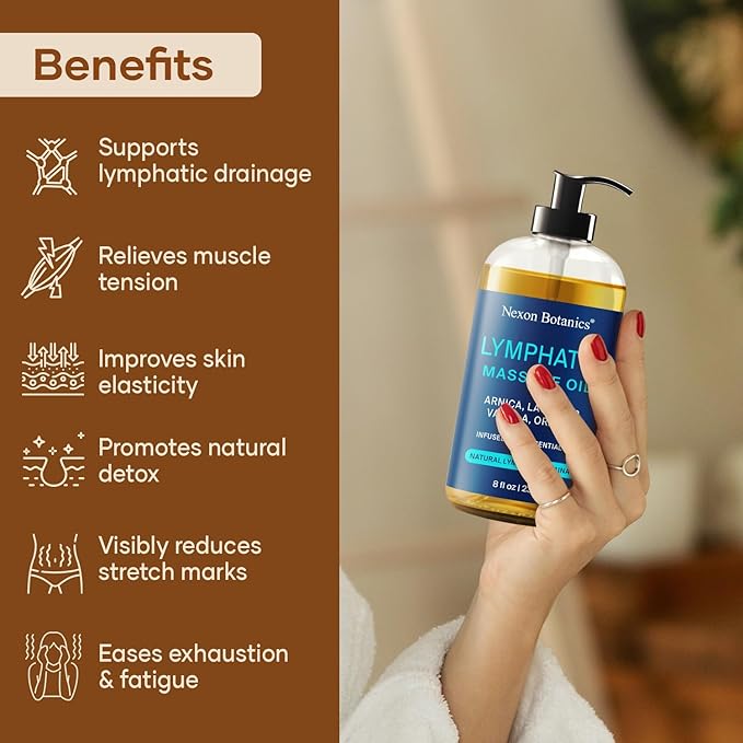 Lymphatic Drainage Massage Oil 8 fl oz - Facial Lymphatic Massage - Muscle Relief & Natural Detox - Arnica, Lavender, Vanilla & Orange - Nexon Botanics