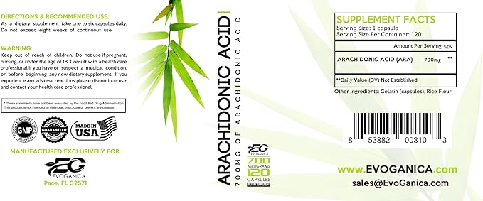 Arachidonic Acid - 700 Mgs Per Serving - 120 Servings Per Bottle - Max Strength - by Evoganica