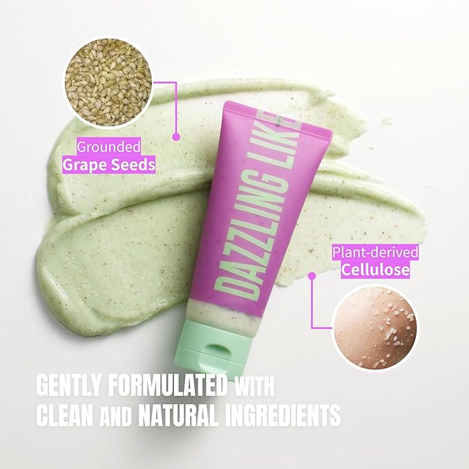 [Dear Doer] Dazzling Body Scrub in Tube - Radiant & Gentle Exfoliator with Grapeseeds & Plant-Derived Cellulose to Remove Dead Skin Cells with Vitamin C, Fresh Floral Scent, Vegan, 3.38 fl oz (100 ml)