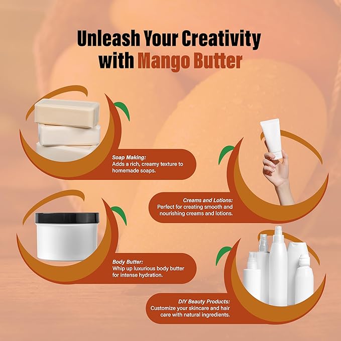 Raw Mango Butter 8 oz. Bar - 100% Pure Natural Unrefined - Great for Skin and Hair Growth. DIY Soap Making, Body Butter, Lotions and Creams.