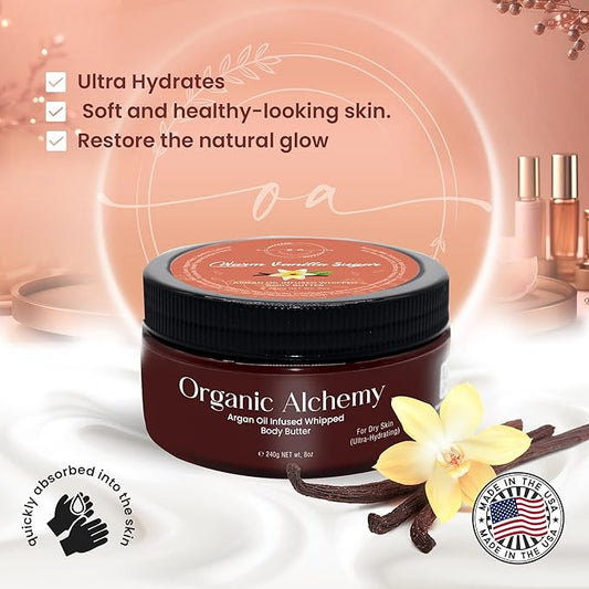 Whipped Argan Oil Body Butter for Dry Skin, Anti-Aging Body Cream Made for Women - Natural Skin Care, 8 OZ (Warm Vanilla Sugar)