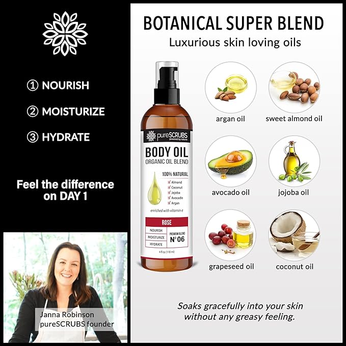 pureSCRUBS Ultra Moisturizing Rose Body Oil Spray for Dry Skin, Massage, Cuticles & More, Organic Super Blend of Jojoba, Argan, Coconut, Sweet Almond & Avocado Oils Enriched with Vitamin E, Lg 4oz
