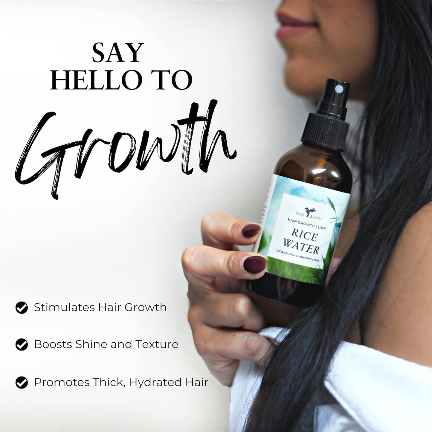 Rice Water For Hair Growth by Baja Basics, Thickness, Strength, Shine - Leave-in Conditioner for Scalp, Dry Split End Moisturizer - Fermented Rice Water Spray for Curly, Straight, Thick, Thin Hair 4oz