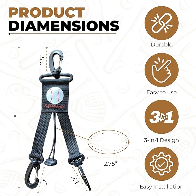 Baseball Softball Gear Hanger - 3 in 1 Dugout Organizer and Bat Holder with 2 Clips - Versatile Hiking and Camping Accessories