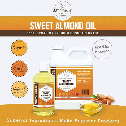 ORGANIC SWEET ALMOND OIL (8 oz) Premium Cold Pressed Unrefined | 100% Pure Sweet Almond Oil for Skin, Face, Hair, Soap Making | Carrier for Essential Oils | Available in Bulk | 8 FL OZ